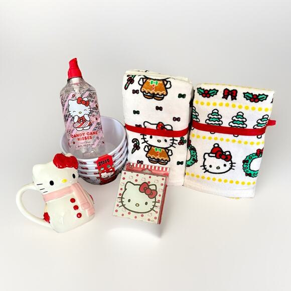 HELLO KITTY XMAS DECOR Snowman Mug Gingerbread Hand Towels Candy Cane Bowls Soap - Picture 2 of 16